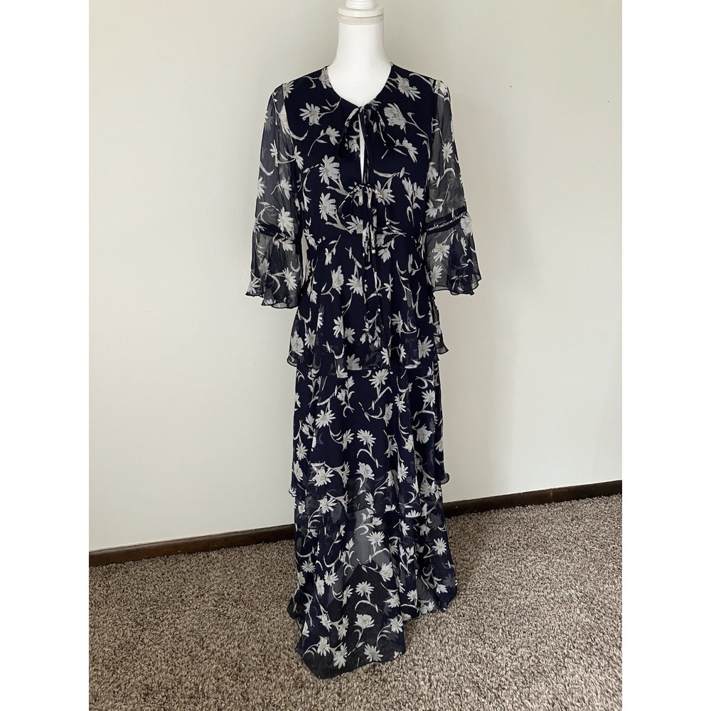 Lucy Paris Navy Daisy Print Tiered Maxi Dress Size US M Romantic Boho